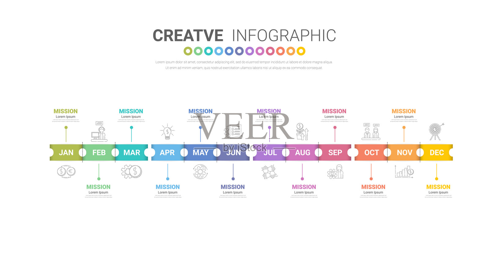 年度规划日历，12个月，4个季度，时间线信息图设计矢量图和商业演示。插画图片素材