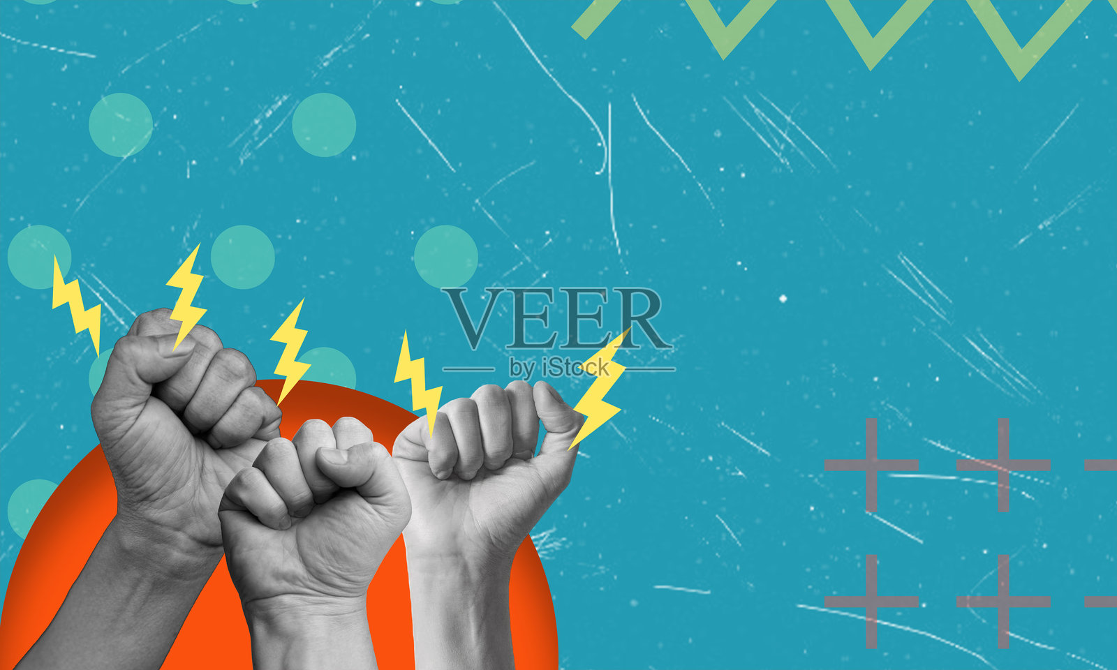 现代艺术拼贴画，蓝色背景上举起的拳头，留有空白空间。照片摄影图片