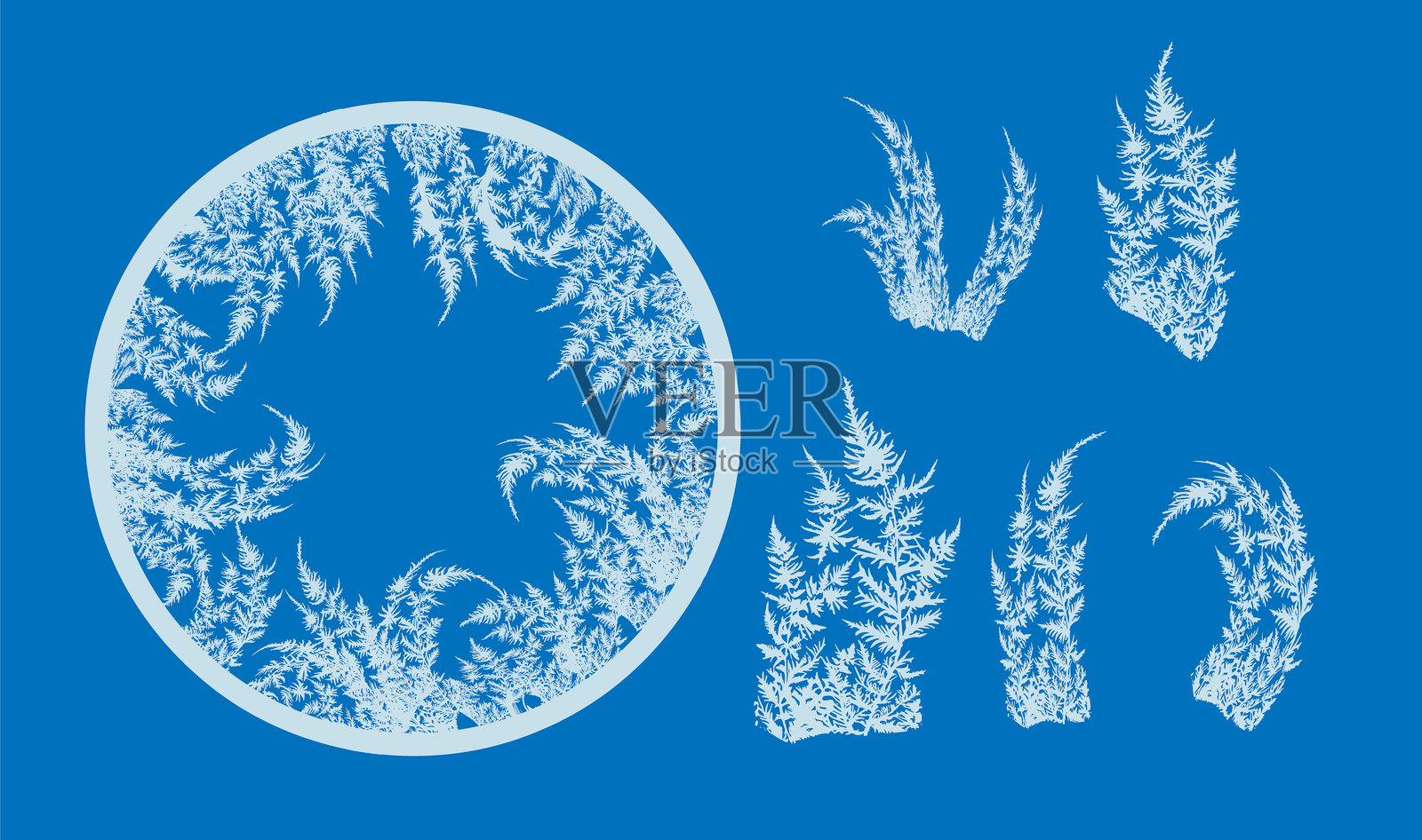 冬季圆形框架，带有霜冻图案。白色冰晶元素纹理，冻结的冬季窗户。矢量空白庆祝边框。插画图片素材