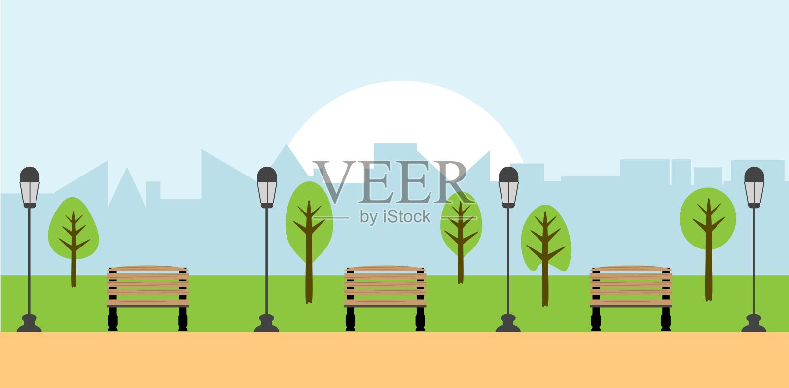 城市公园，长椅和灯笼，扁平风格插画图片素材