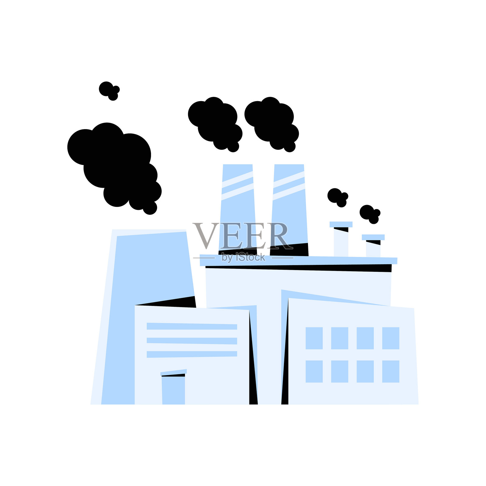 工业工厂排放烟雾的扁平矢量插图，象征污染和环境恶化，背景为白色。插画图片素材