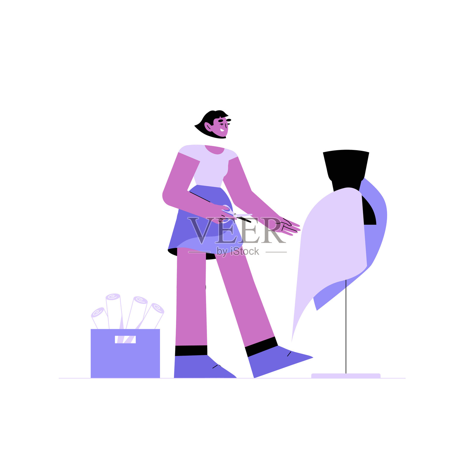 女性时装设计师在白色背景上绘制服装草图，象征着创造力、设计和艺术视野的平面矢量插图。插画图片素材