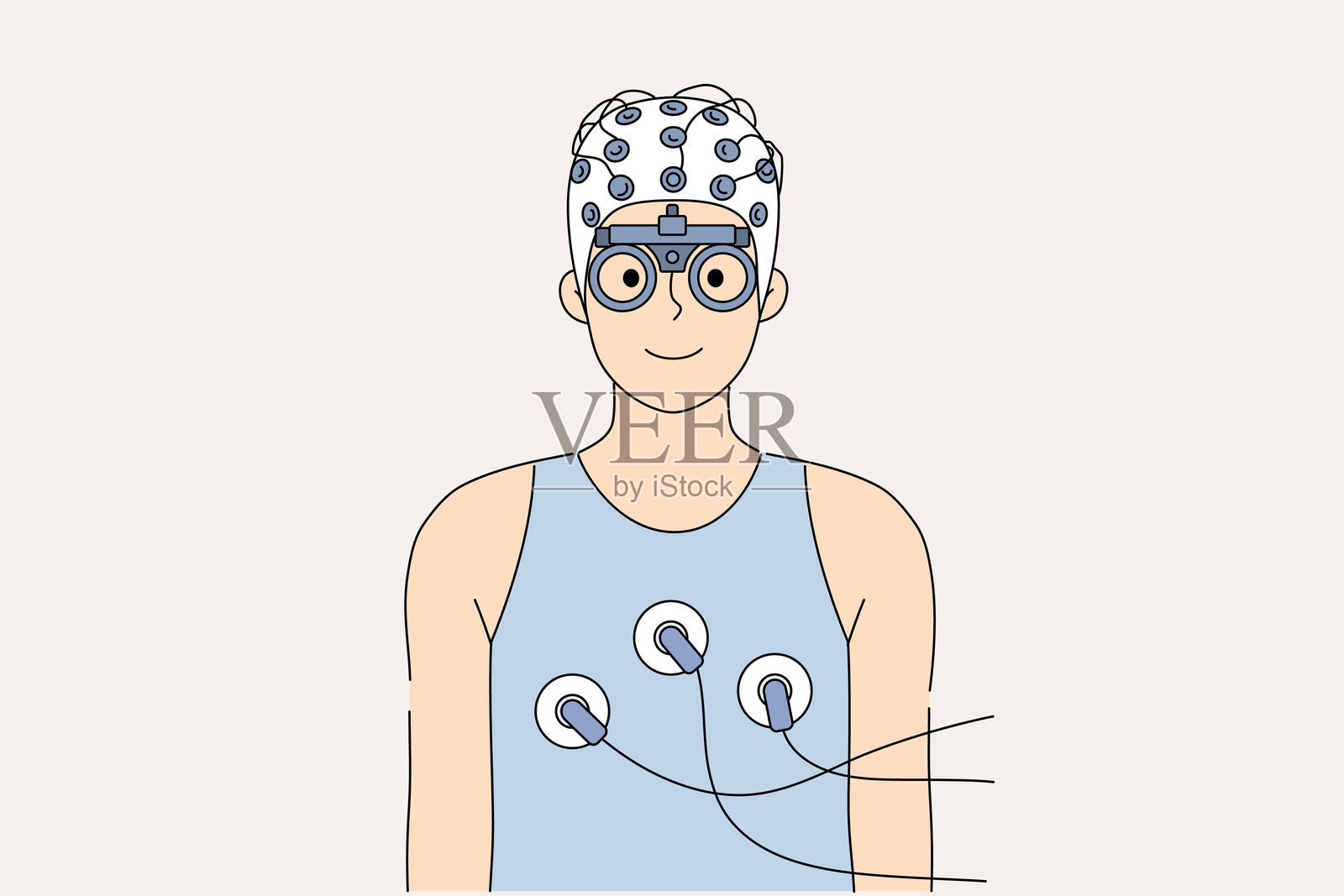 连接到心脏和脑电图医疗设备传感器的男性健康诊断插画图片素材