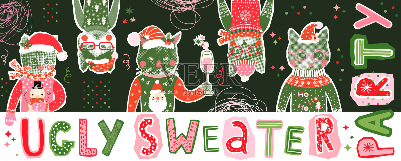 有趣的丑陋圣诞毛衣设计，带有可爱的时髦猫咪，采用半色调拼贴风格，适合派对横幅和背景。插画图片素材