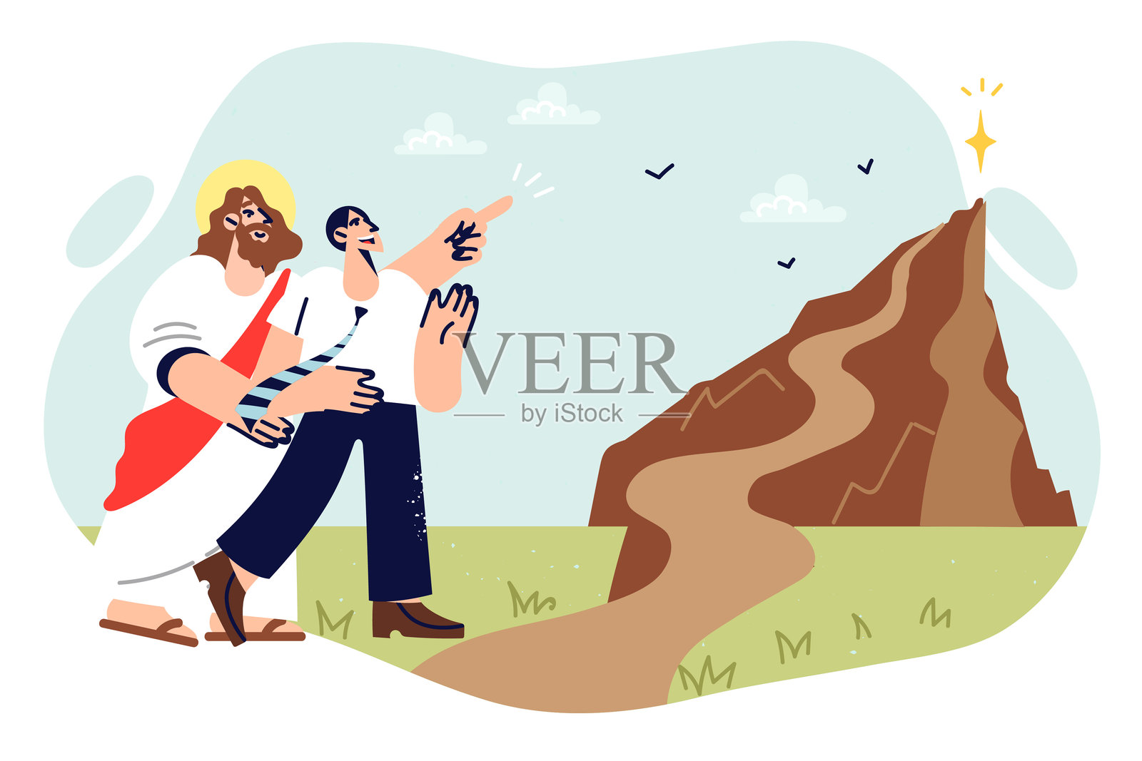 耶稣基督为商人指引道路，支持企业家走向成功之路插画图片素材