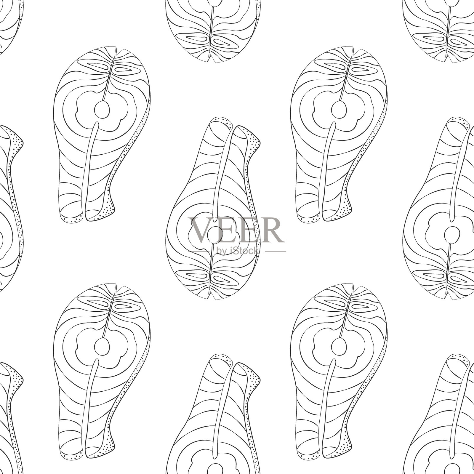 鲑鱼排轮廓无缝图案。健康饮食日背景或壁纸设计概念插画图片素材