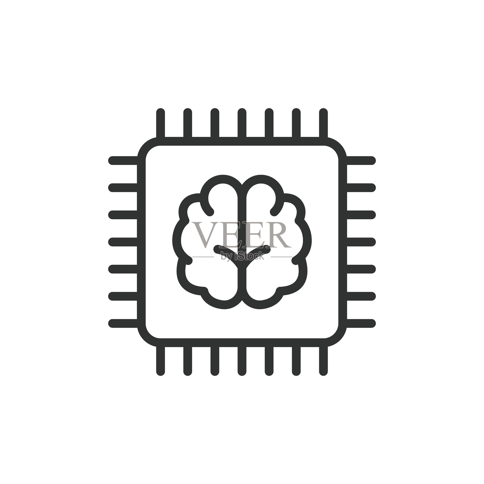 处理器大脑，线条设计图标。处理器、大脑、技术、电路、微芯片、神经、数据，白色背景上的矢量图。可编辑线条图标的处理器大脑。插画图片素材