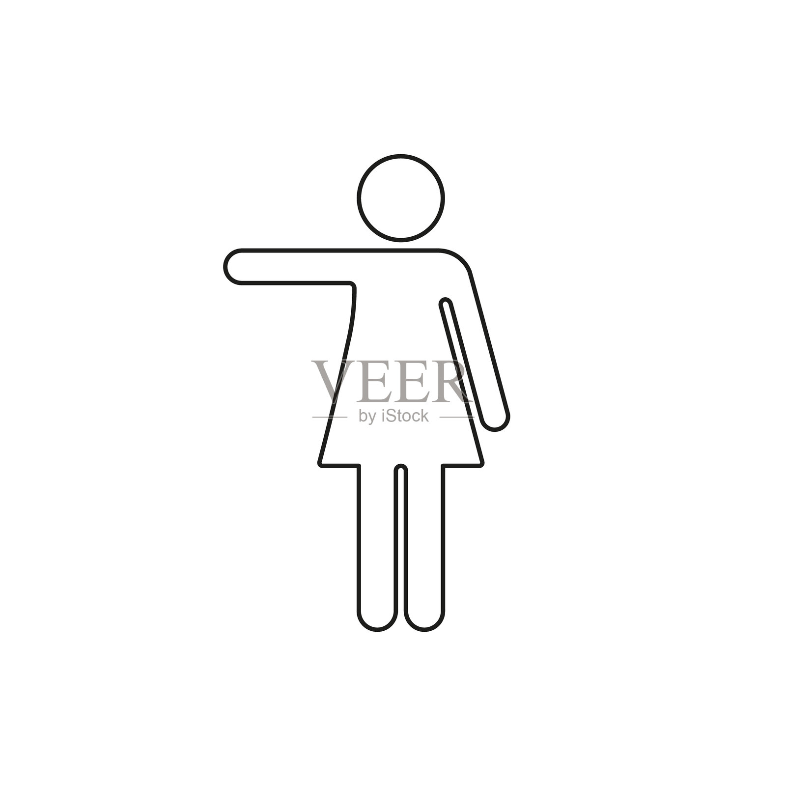 指向左侧的女性伸展手臂线条图标。人体轮廓符号。可编辑的线条。孤立的矢量插图。插画图片素材