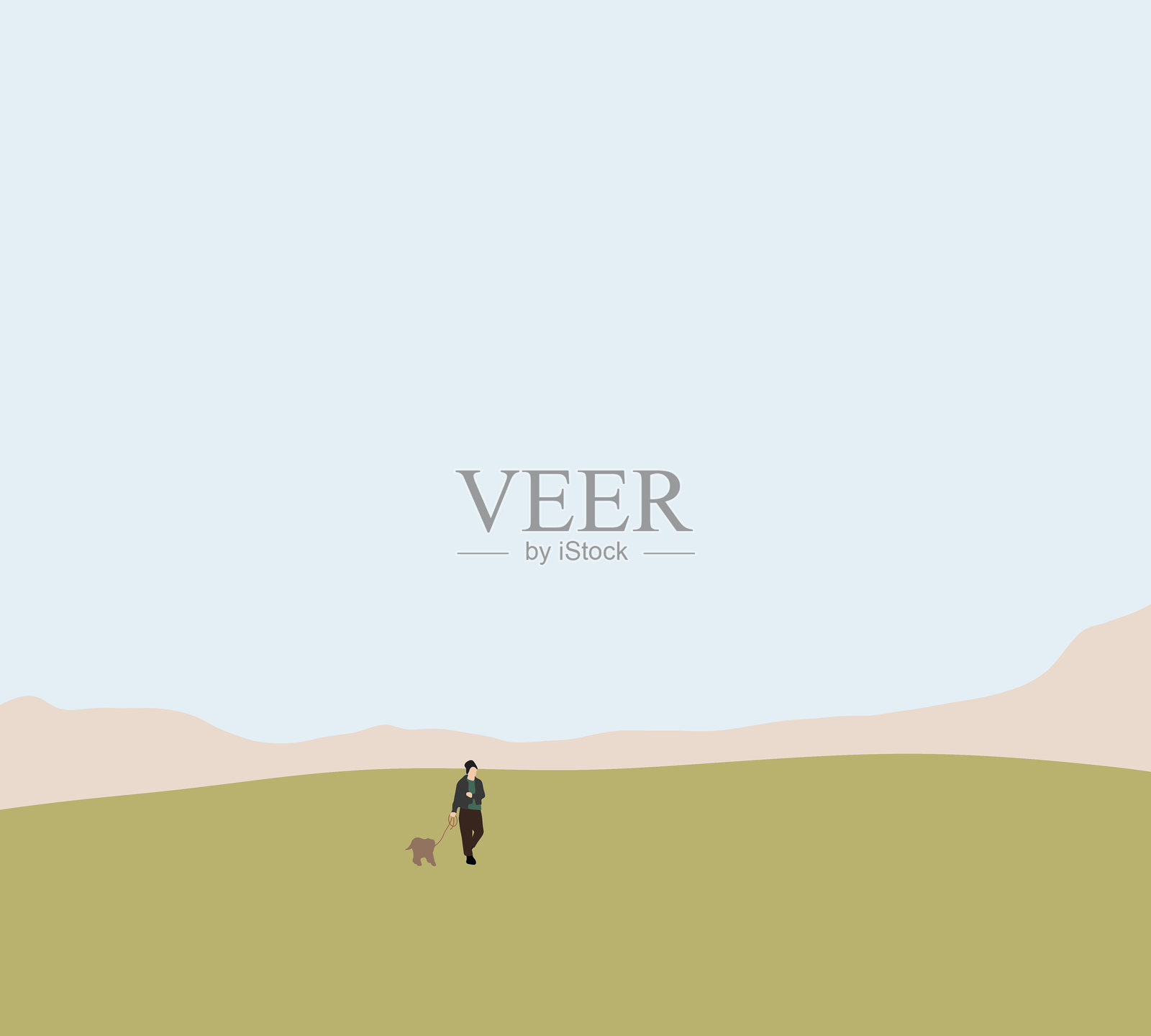 公园里一位女士和她的狗在蓝天之下。周末享受户外休闲活动。照片摄影图片