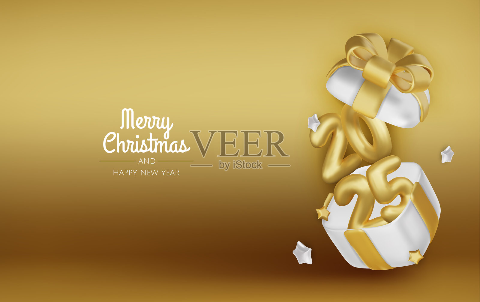 2025年逼真的光泽数字与金色礼品盒。新年快乐，圣诞快乐2025。贺卡。矢量3D渲染。插画图片素材