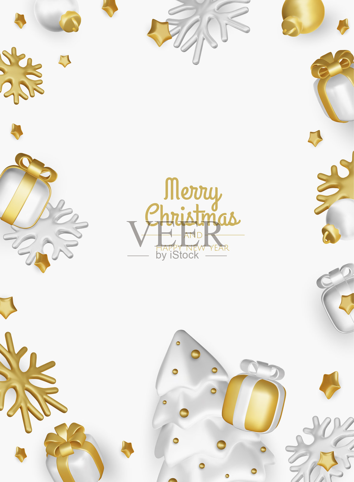 新年快乐，圣诞快乐。圣诞节假日背景，配有逼真的3D物体，金色和蓝色的球形装饰，锥形金属星星。悬浮下落的设计构图。插画图片素材