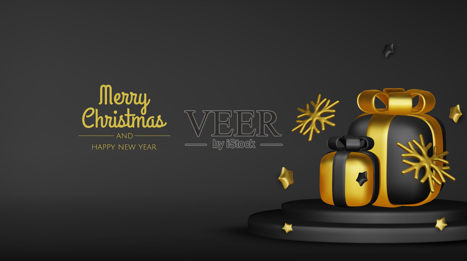 新年快乐，圣诞快乐。圣诞节假日背景，配有逼真的3D物体、金色和红色的球形饰品、锥形金属星星。悬浮下落的设计构图。插画图片素材