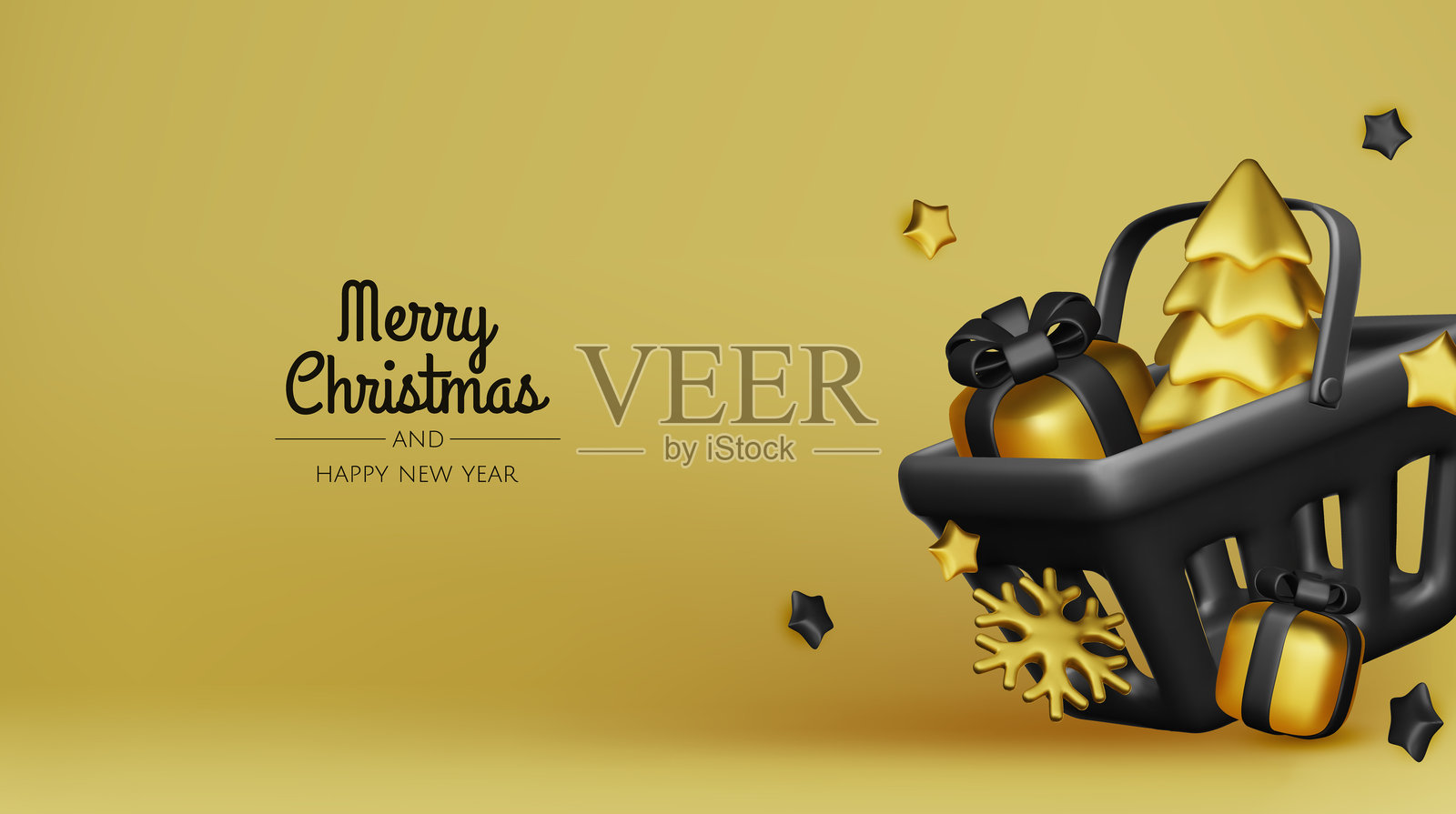 新年快乐，圣诞快乐。圣诞节假日背景，配有逼真的3D物体，金色和红色的球形饰品，锥形金属星星。悬浮下落的设计组合。插画图片素材