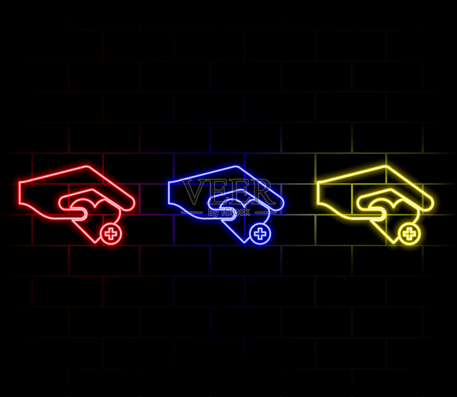 K-POP霓虹灯标志。手指心形符号与五彩霓虹灯在砖墙上独立展示。矢量插图插画图片素材