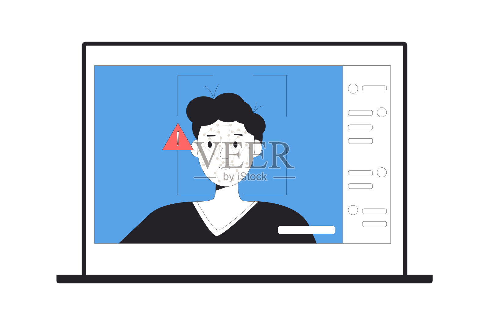 白色背景下的深度伪造在线攻击。面部识别系统。操控的假视频，替换了人物面孔。手绘插图。插画图片素材