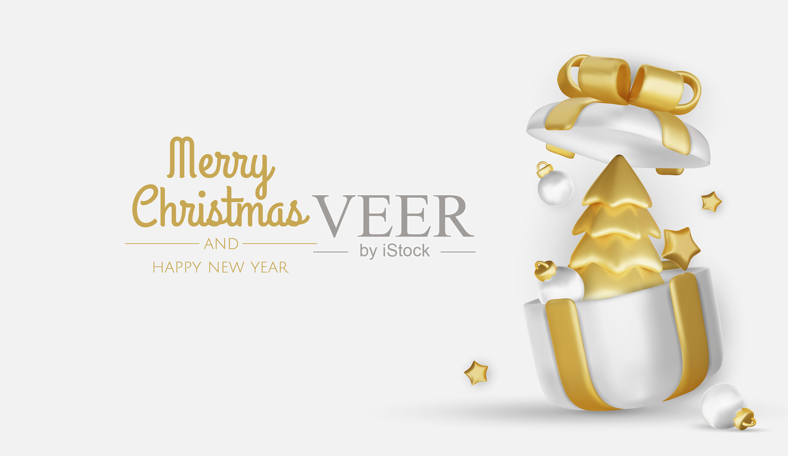 新年快乐，圣诞快乐。圣诞节假日背景，配有逼真的3D物体、金色和红色的球形饰品、锥形金属星星。悬浮下落的设计构图。插画图片素材