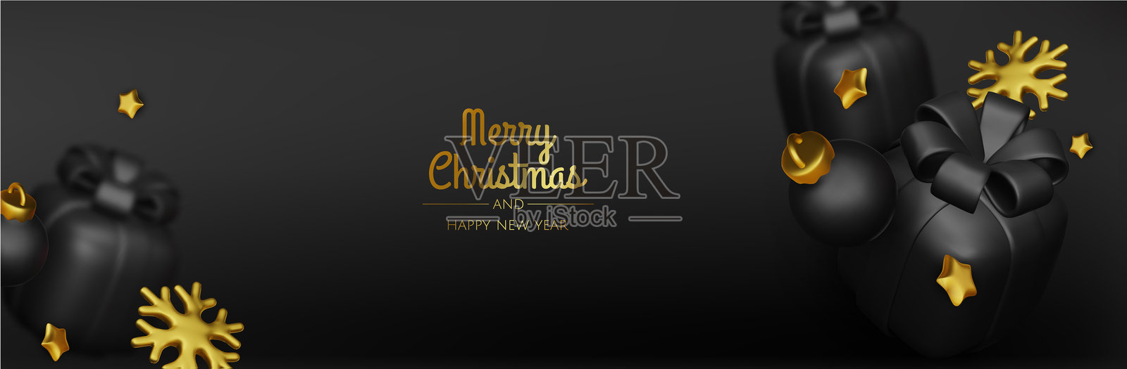 新年快乐，圣诞快乐。圣诞节假日背景，包含逼真的3D物体、金色和黑色的球形饰品、锥形金属星星和礼物。悬浮下落的设计组合。插画图片素材