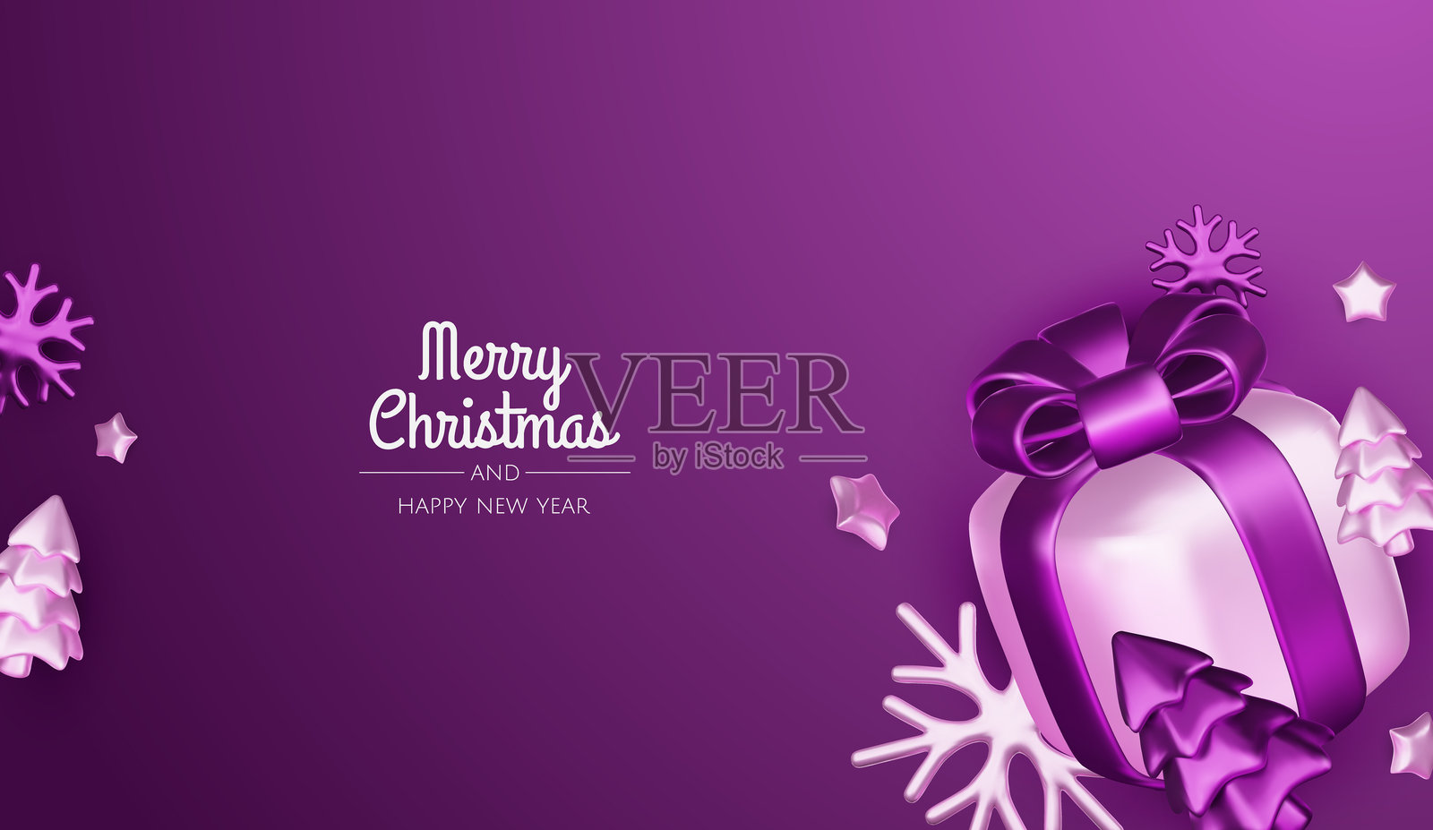 新年快乐，圣诞快乐。圣诞节假日背景，配有逼真的3D物体、紫色球形饰品、锥形金属星星和礼物。悬浮下落的设计构图。插画图片素材