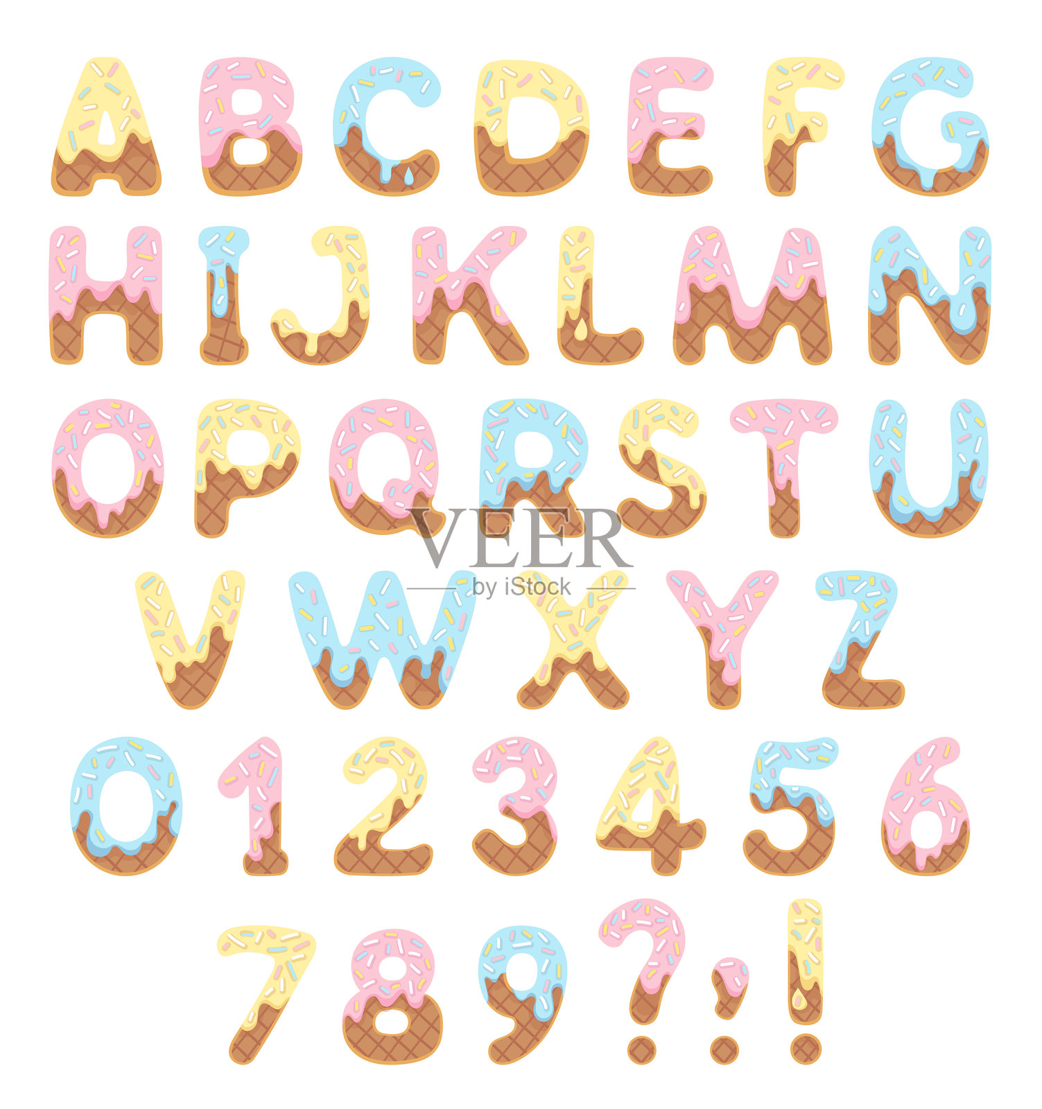 可爱有趣的威化奶油字母数字，适用于幼儿园、海报、卡片、派对、包装纸设计，婴儿T恤，适合儿童生日纪念或婴儿洗礼装饰的矢量插图插画图片素材