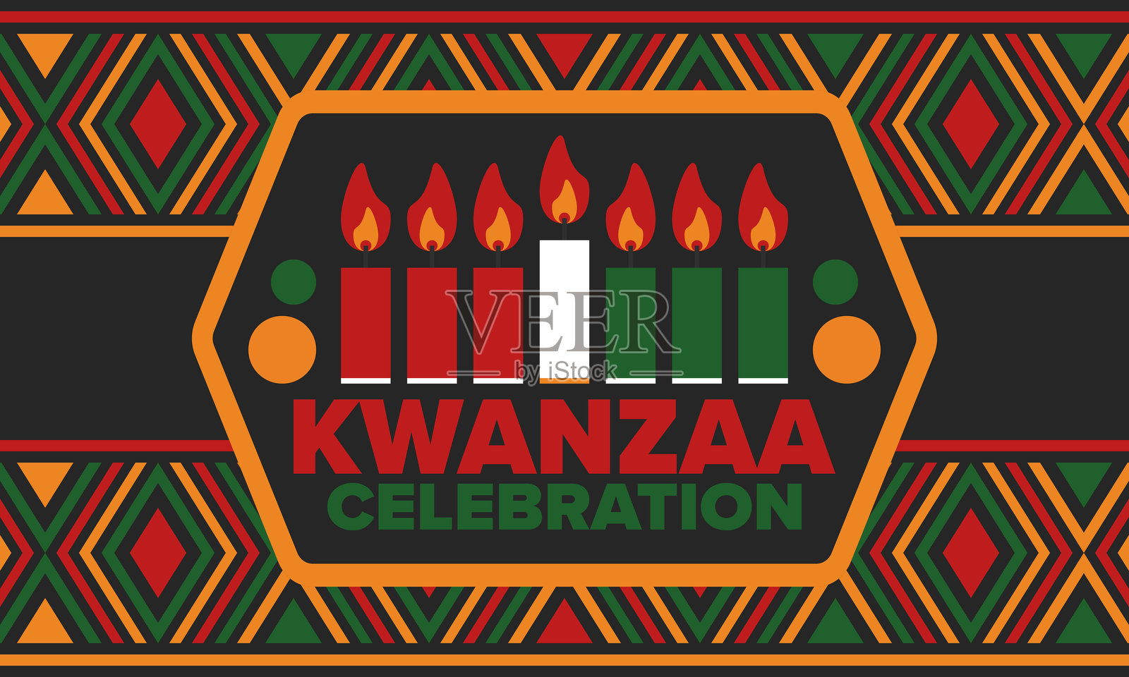 宽扎节快乐庆祝。非洲和非裔美国人文化节日。为期七天的节日，每年从12月26日庆祝到1月1日。黑色历史。海报、卡片、横幅和背景。矢量图。插画图片素材