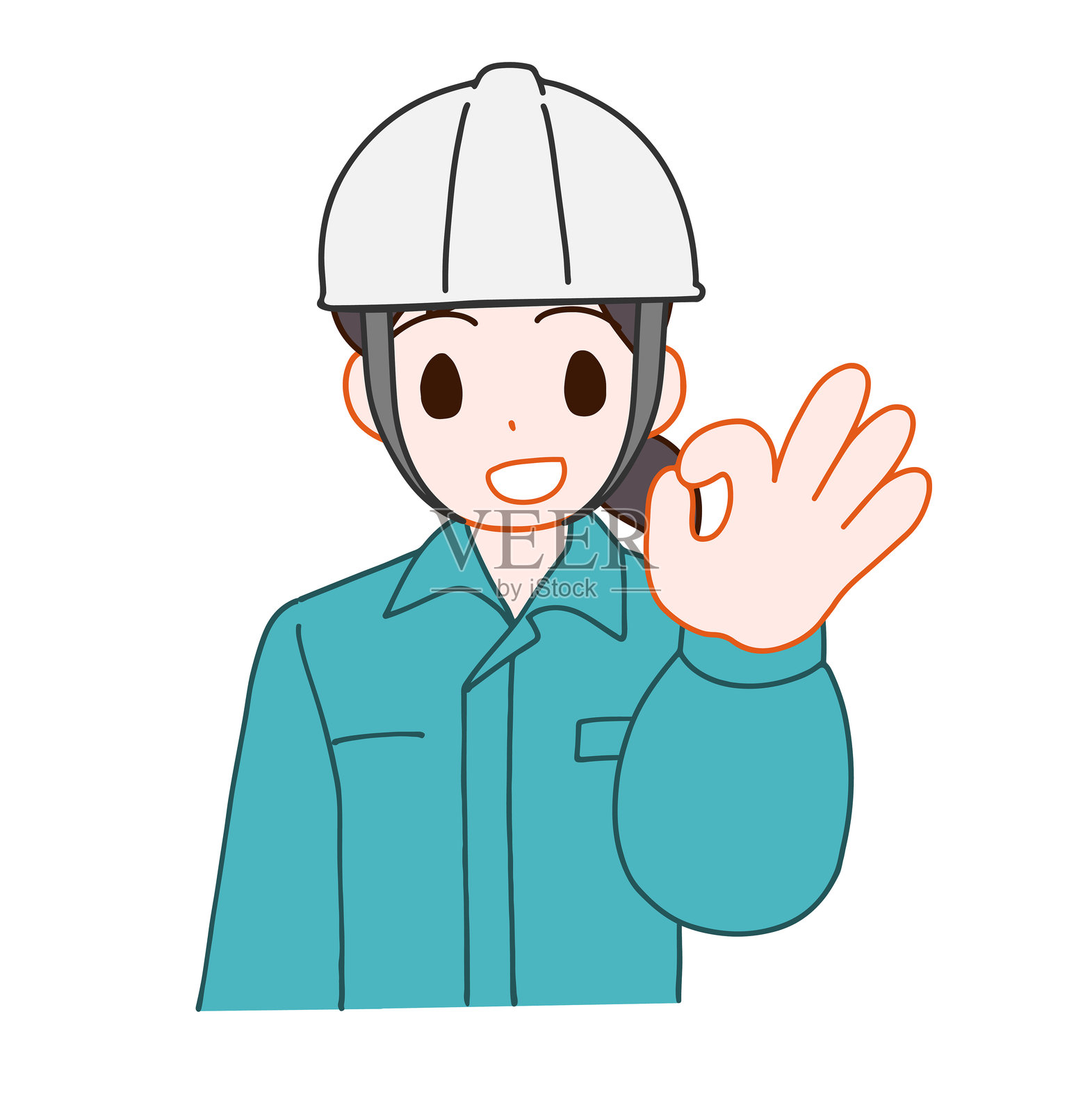 微笑的畸形女性穿着头盔和工作服的插图插画图片素材