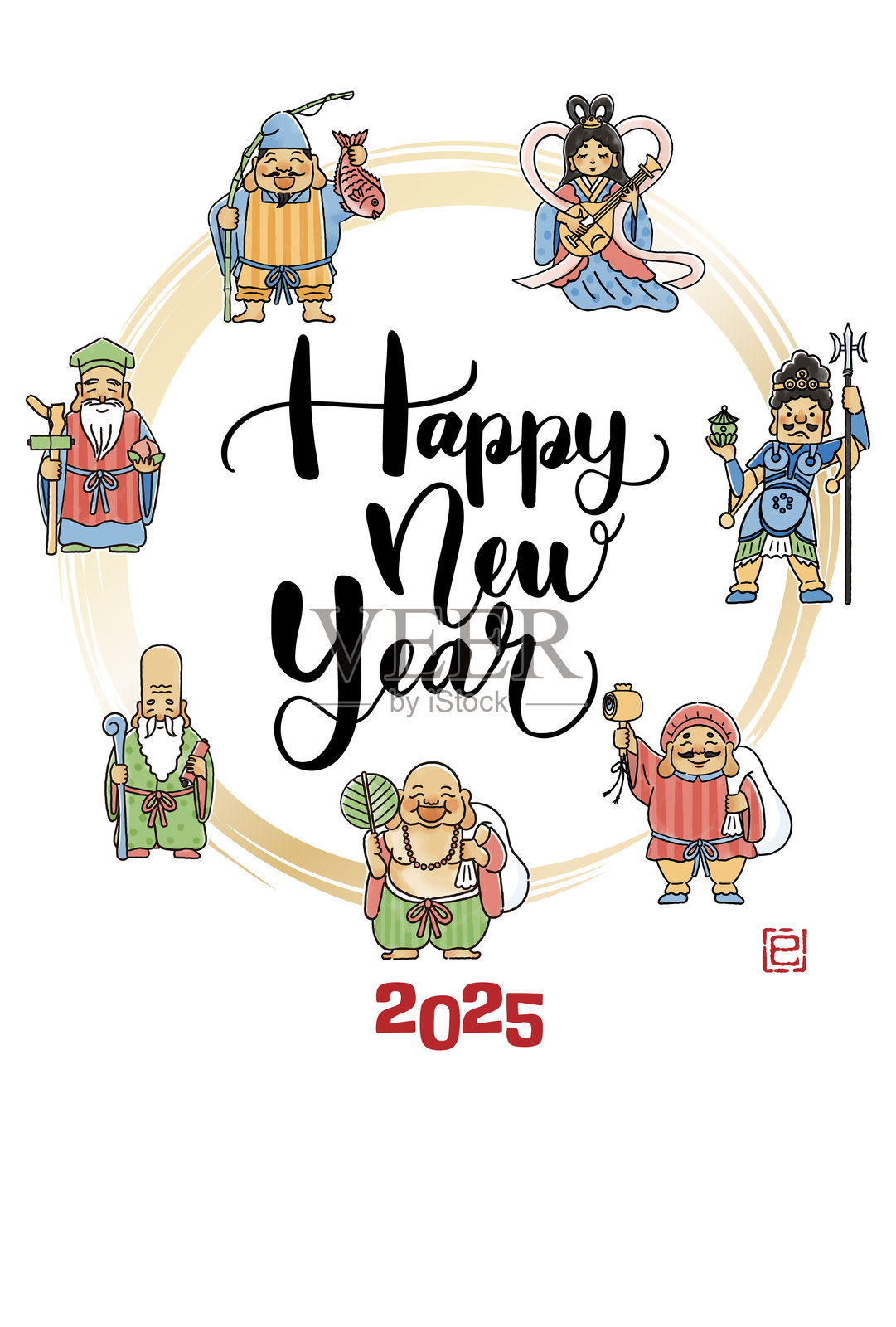 2025年蛇年新年贺卡 - 简单可爱的七福神插图插画图片素材