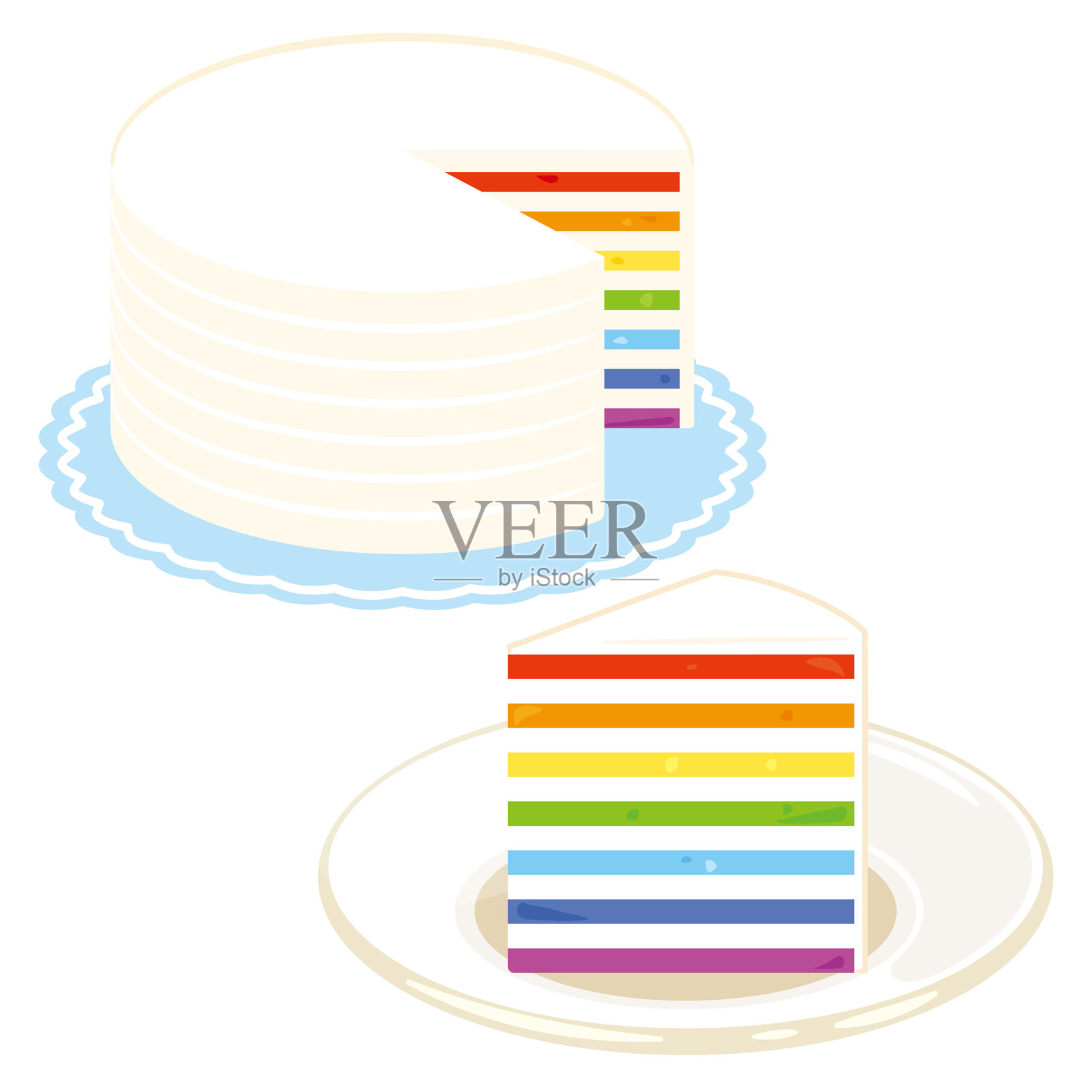 整块彩虹蛋糕和切好的彩虹蛋糕套装插画图片素材