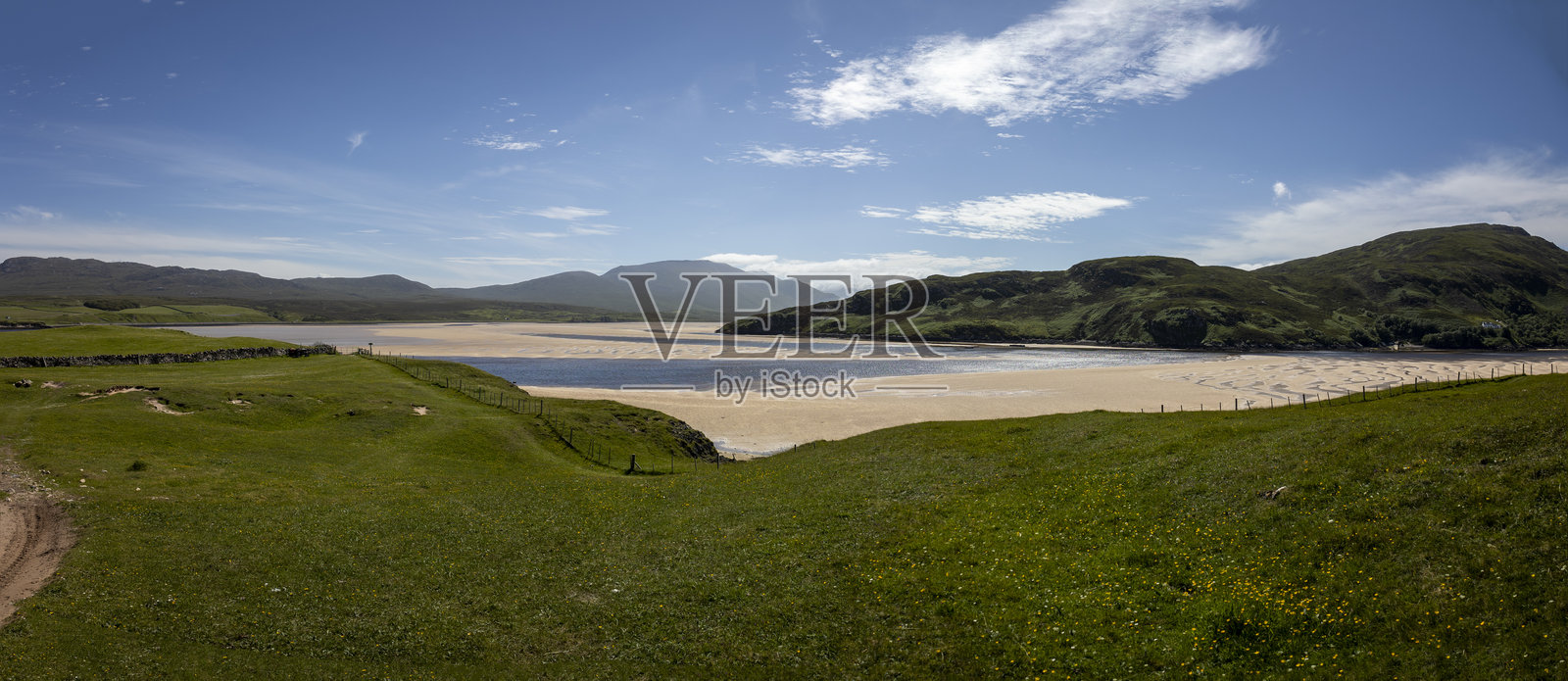 丘陵地貌，草地上盛开着雏菊和蒲公英，沙滩与海水在退潮时交汇。照片摄影图片