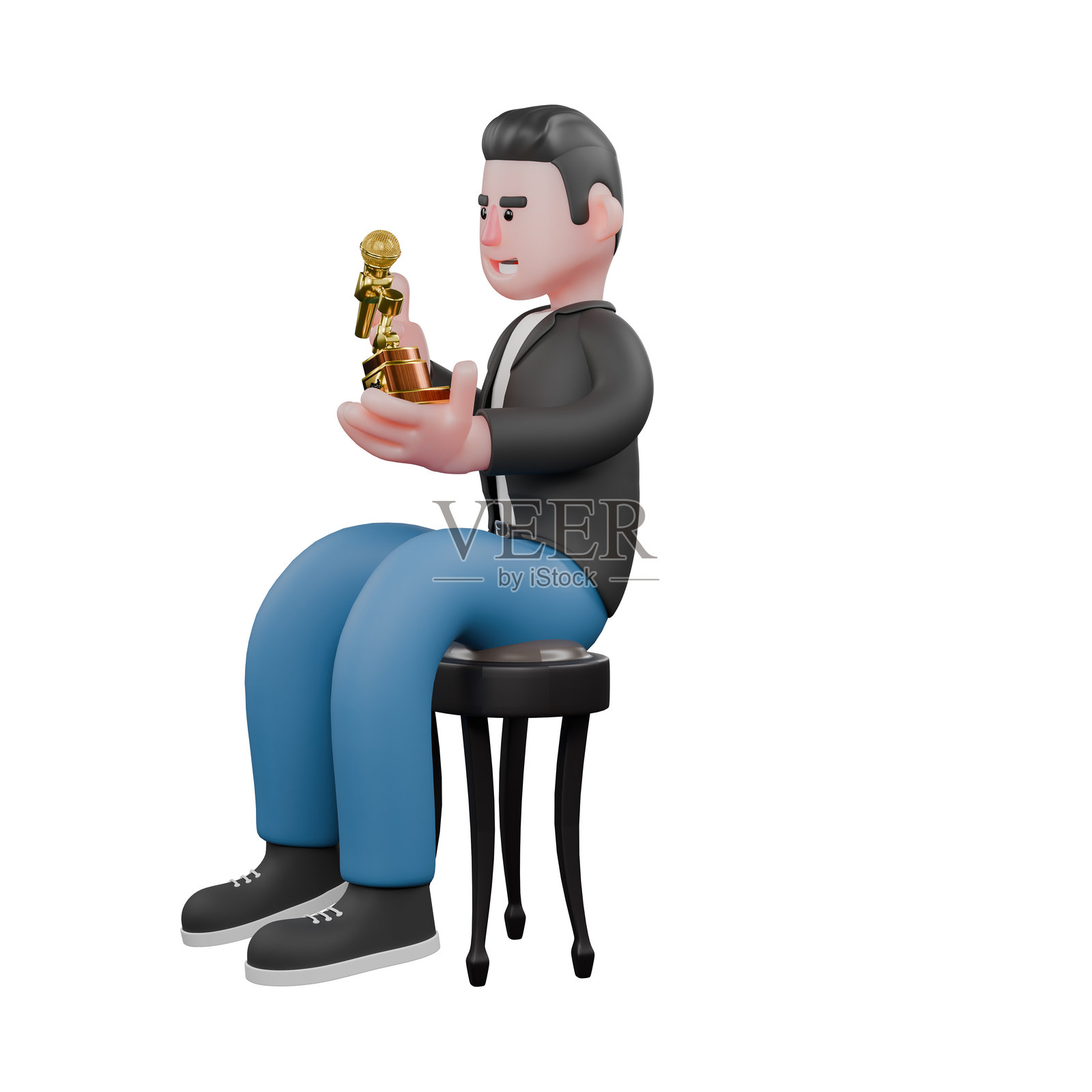 动画3D音乐角色。一位音乐家坐在椅子上，双手抱着奖杯，面带快乐的表情。表演者设计。照片摄影图片