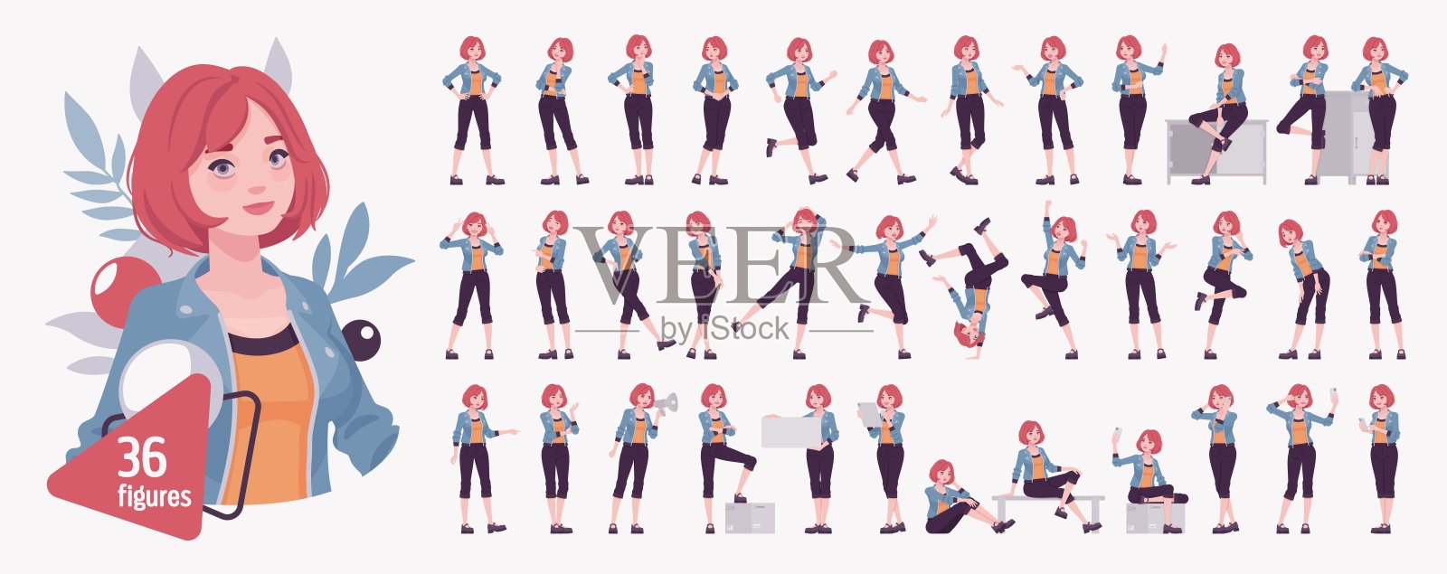 红色碎发波波头的苍白女性，迷人的女孩角色设定插画图片素材