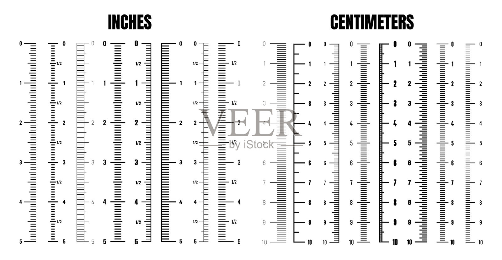 用于测量长度或高度的垂直厘米和英寸刻度。各种带有分度的测量刻度。尺子、卷尺标记、尺寸指示器。矢量插图插画图片素材