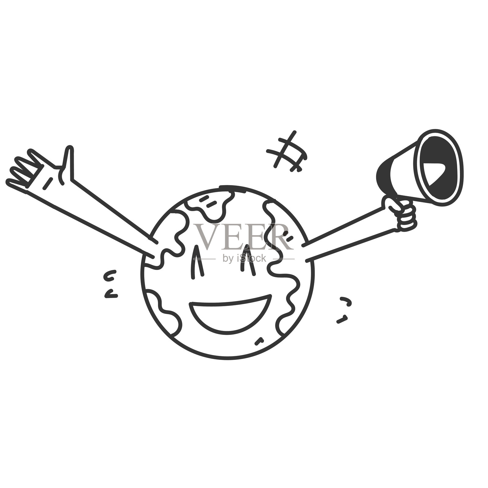 手绘涂鸦地球仪角色吉祥物手持扩音器插画图片素材
