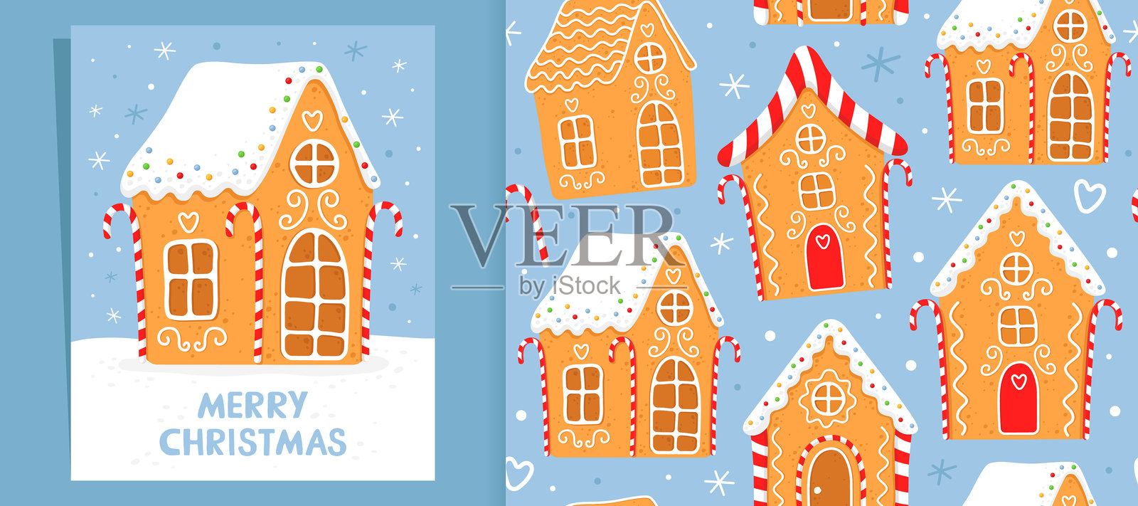 蓝色背景上的姜饼屋。圣诞节无缝图案。插画图片素材