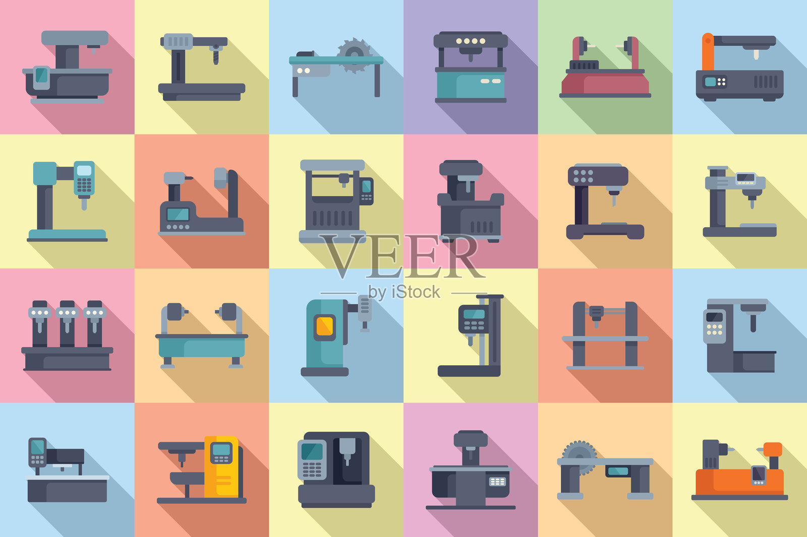 数控机床图标集平面矢量图。铣床控制器插画图片素材