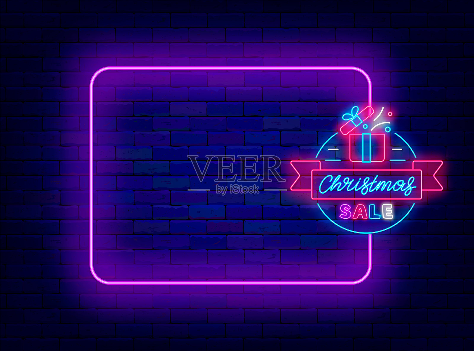 圣诞促销霓虹海报。季节性购物贺卡。空紫色框架。矢量库存插图插画图片素材