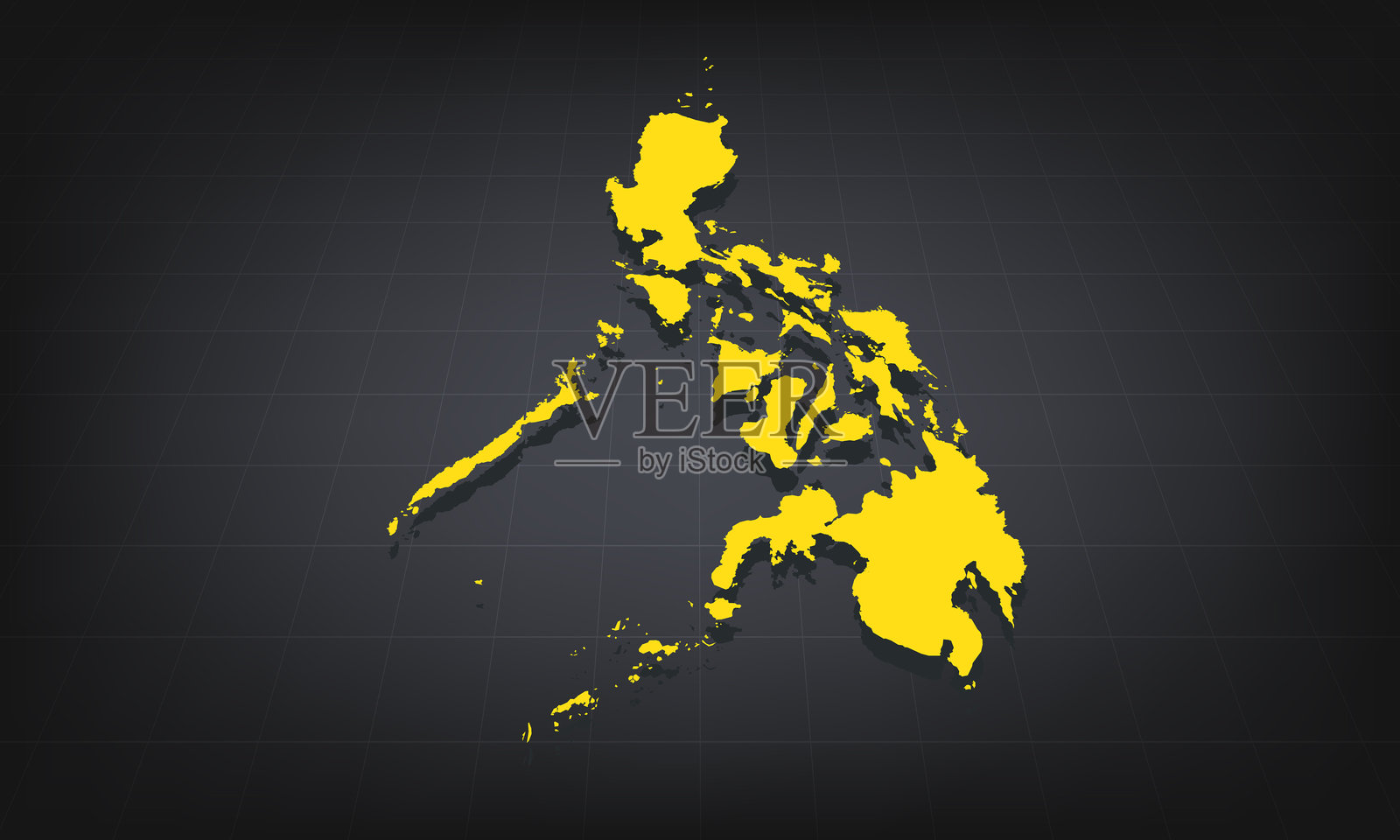 黑色背景上的黄色菲律宾3D地图，展示地理形状和边界，适用于教育和信息用途。插画图片素材