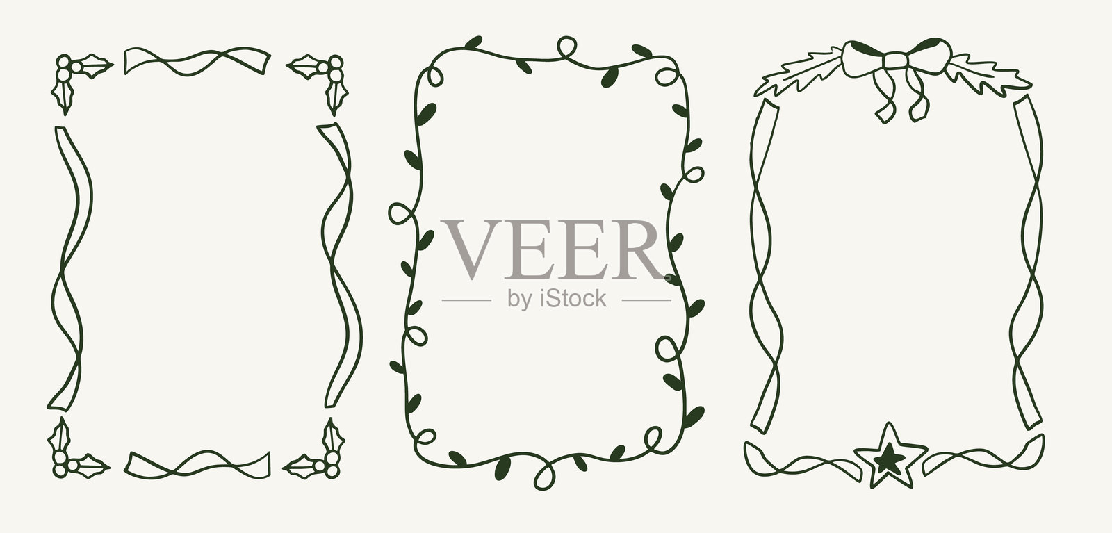 一套复古波浪边框，用于新年贺卡。优雅的环形边框配有蝴蝶结和胶带。矩形形状带有曲线和锯齿状边缘。插画图片素材