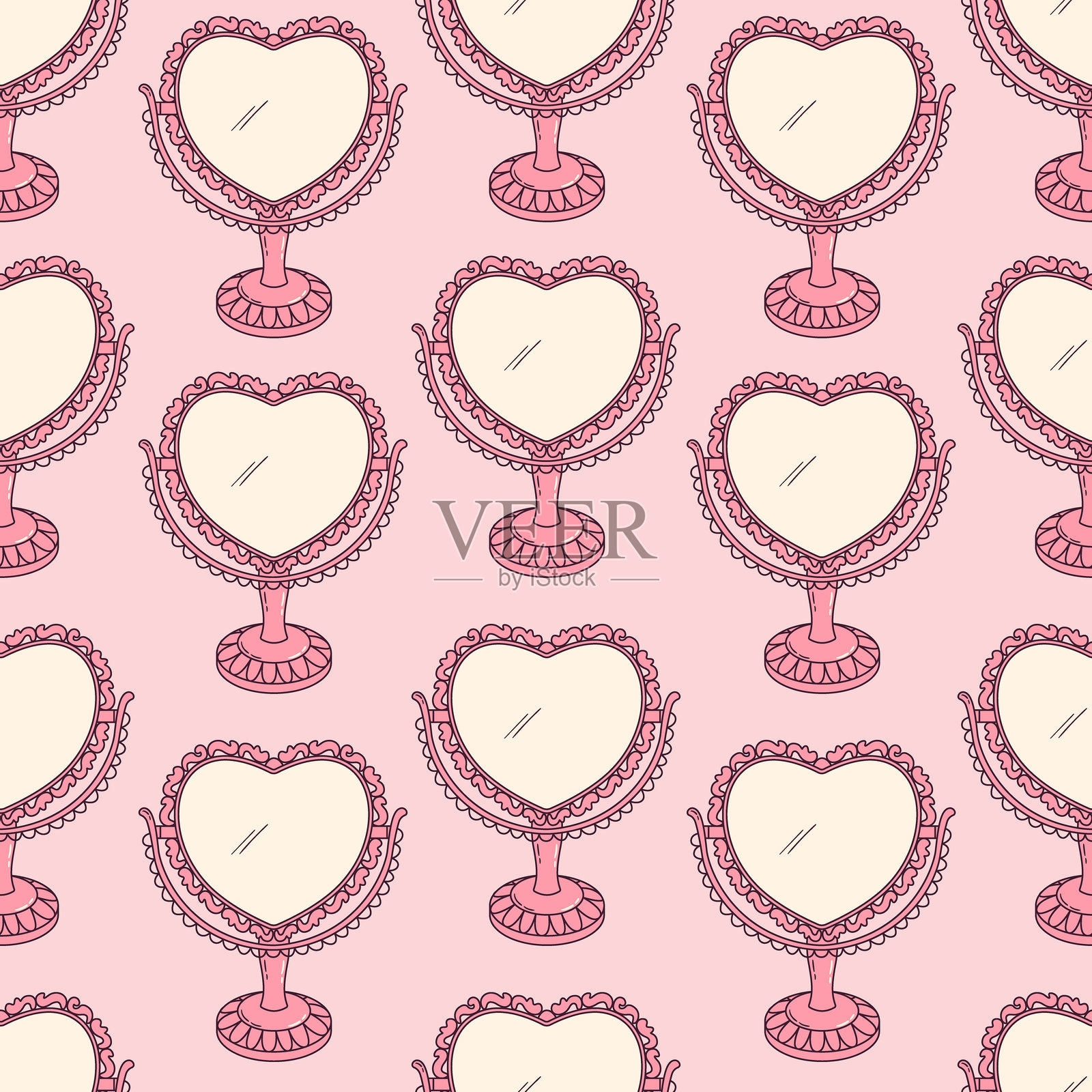 无缝矢量图案，带有可爱的心形双面桌镜，粉色。化妆日常背景。复古华丽的女孩纹理。可爱壁纸。插画图片素材