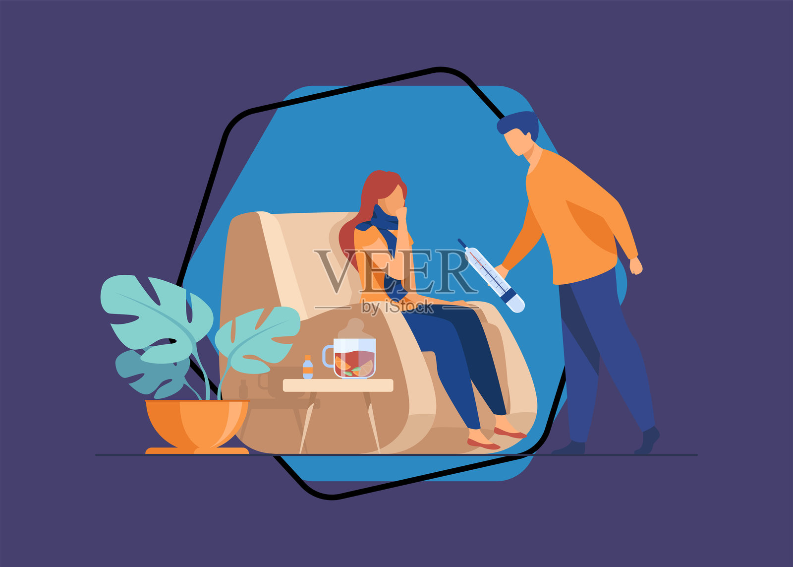 戴围巾的女性感冒并患有流感插画图片素材