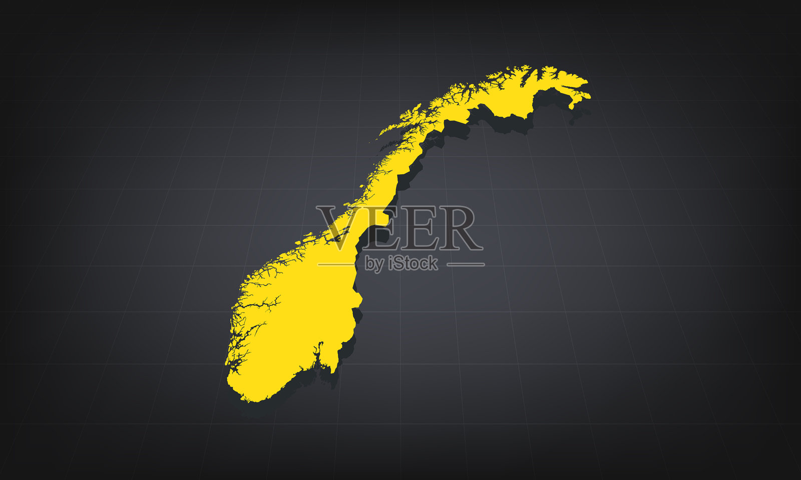 黑色背景上的黄色挪威3D地图，展示地理形状和边界，适用于教育和信息展示。插画图片素材