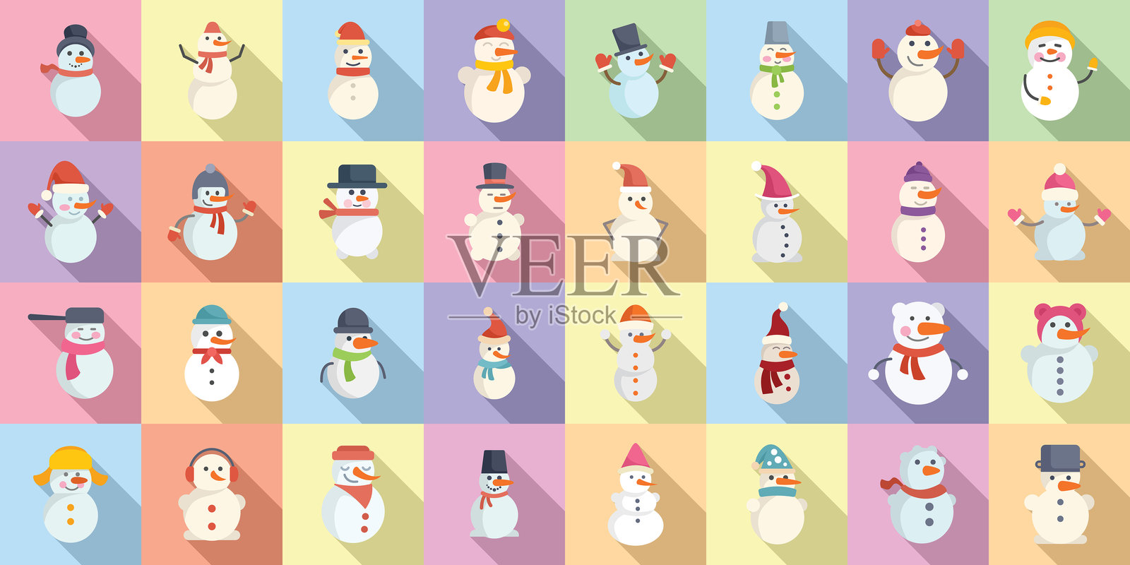 雪人图标集平面矢量。圣诞冰雪插画图片素材