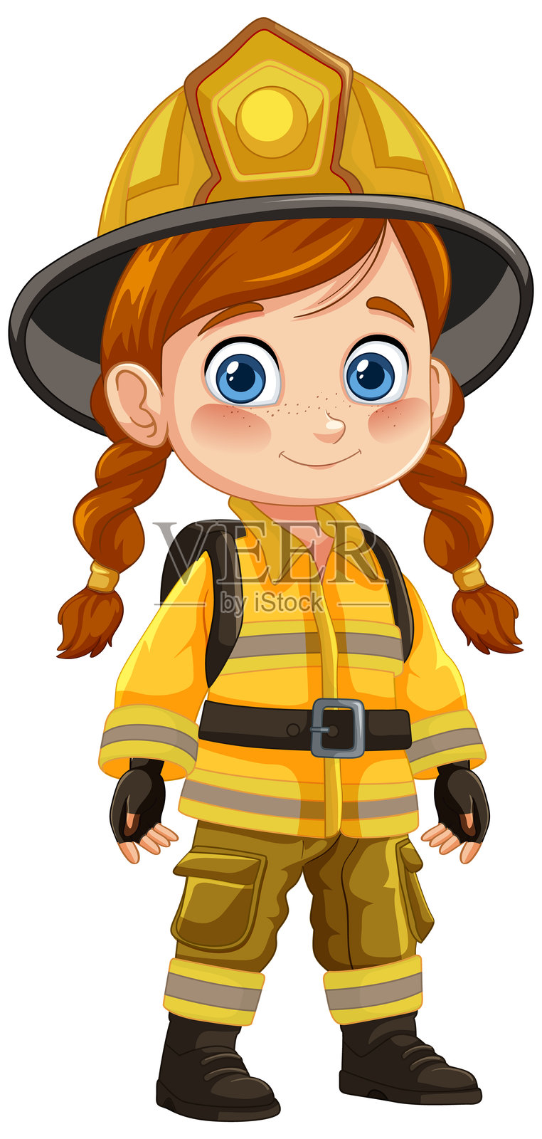 穿着消防员服装的卡通女孩插画图片素材