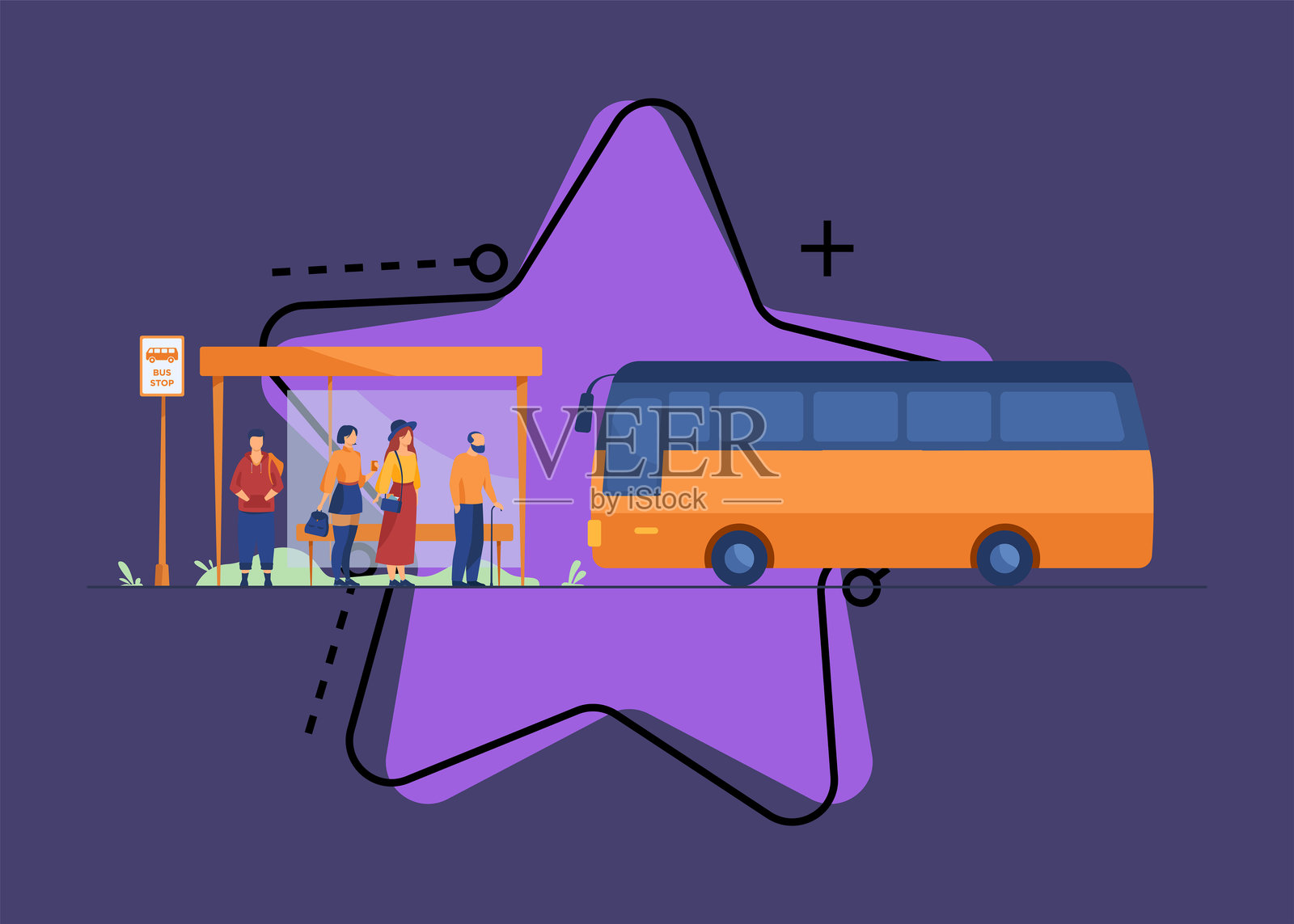 乘客在公交车站等候公共交通插画图片素材