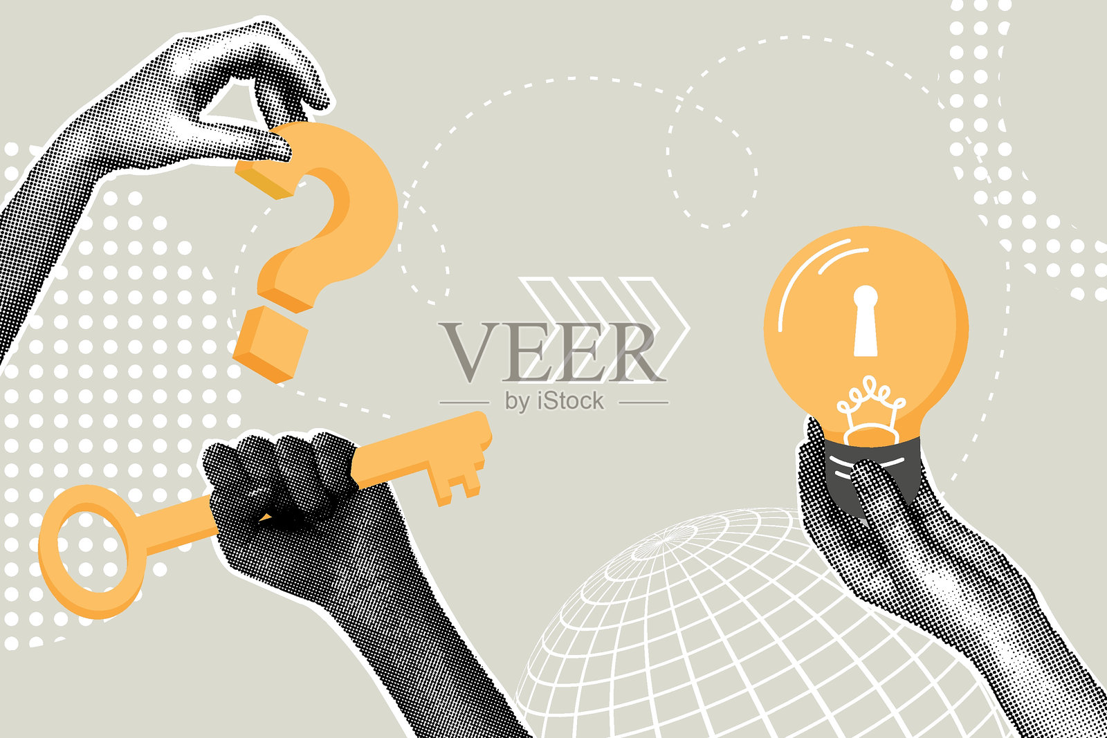 华丽的半色调拼贴画。解决问题的概念，寻找解决问题的答案，找到新想法的钥匙，找到解决问题和问题的答案的钥匙，头脑风暴，寻找解决方案。打开所有问题的金钥匙。插画图片素材