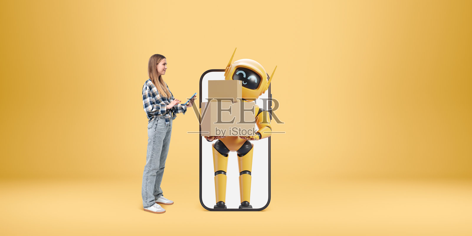 女性使用平板电脑，手机屏幕上显示机器人和包裹，人工智能物流照片摄影图片