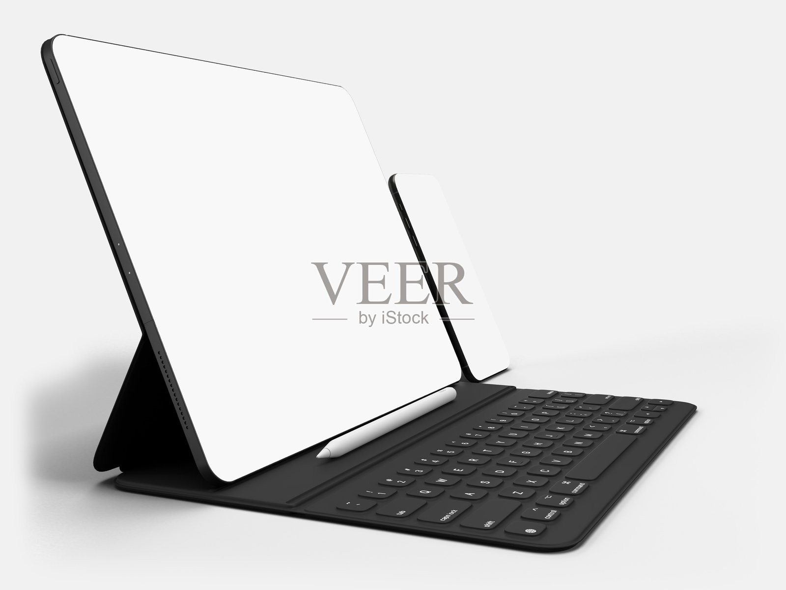 现代数字平板电脑，智能手机空白屏幕，配有键盘和笔。用于展示品牌、企业形象、广告、全球业务身份、网站设计和应用的模板。照片摄影图片