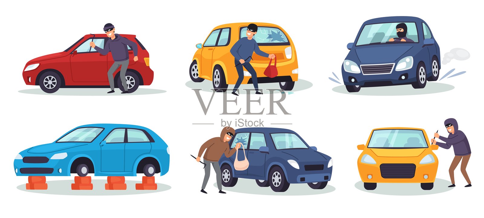 汽车盗窃。窃贼偷车，驾驶被盗汽车，盗贼打破玻璃并闯入车辆偷包。汽车犯罪卡通矢量插图集插画图片素材