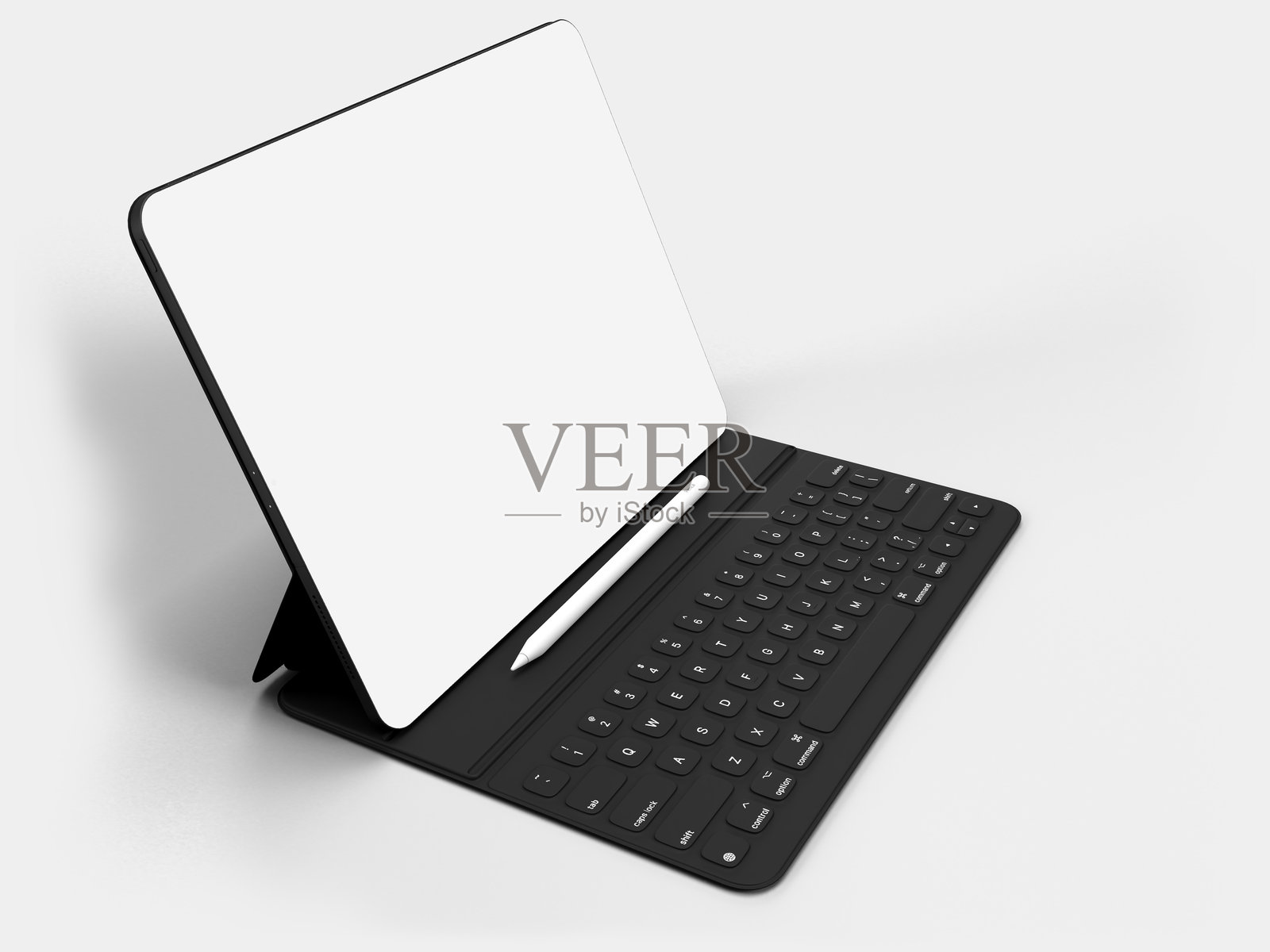 现代数字平板电脑空白屏幕，配有键盘和笔。用于展示品牌、企业形象、广告、全球业务身份、网站设计和应用的模板。照片摄影图片