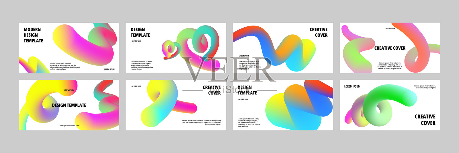 现代渐变线条横幅模板。创意布局与多彩流动线条形状。平滑的3D渐变曲线卡片设计与抽象形状矢量集。插画图片素材