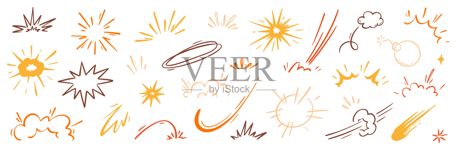 漫画卡通爆炸速度效果，爆炸运动线元素集。漫画爆炸，爆炸烟雾，线条速度卡通矢量图标。手绘涂鸦动作效果。矢量插画图片素材